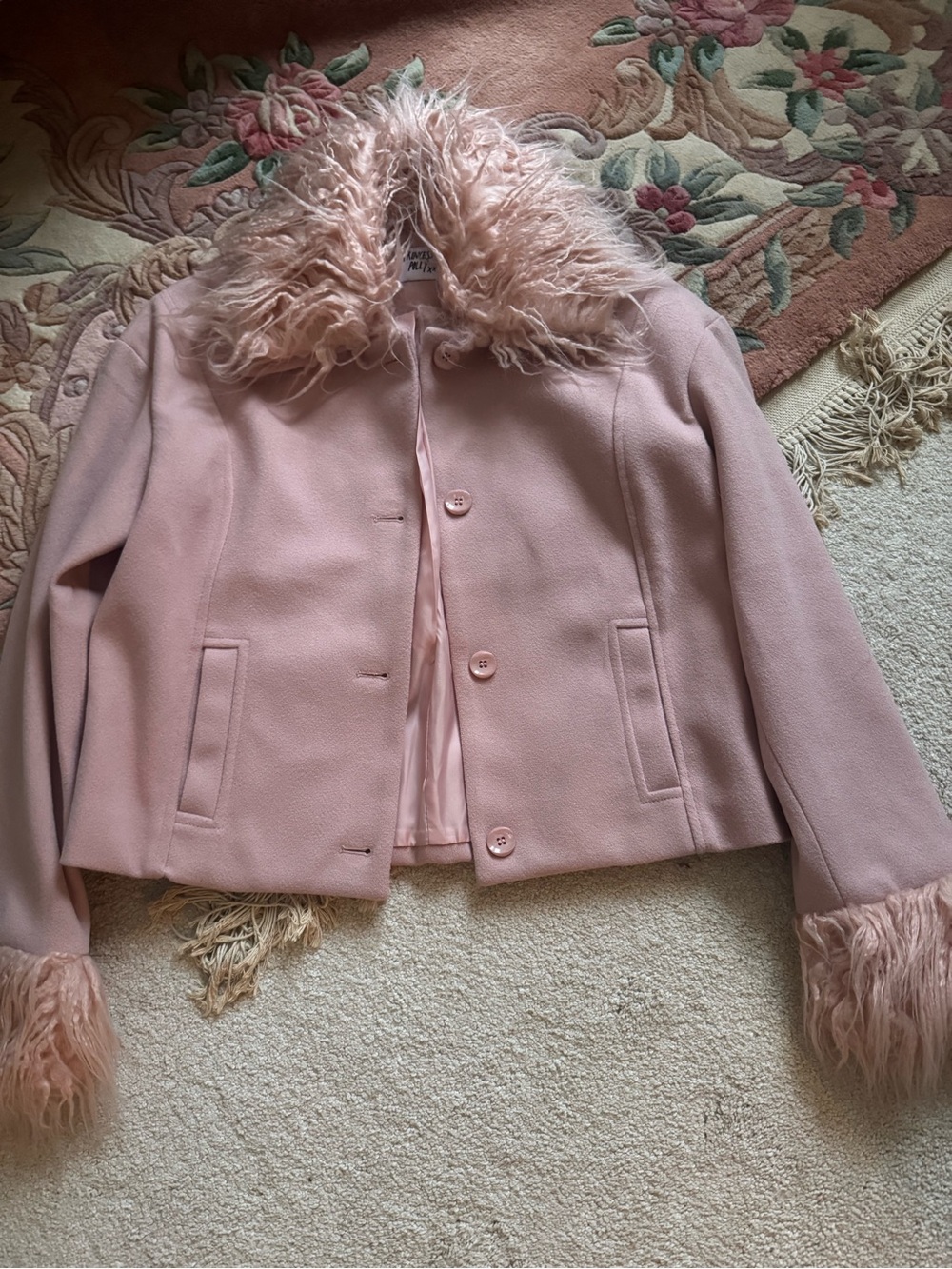 Princess Polly Blush Pink Faux Fur-Trim Wool-Blend Pea Coat